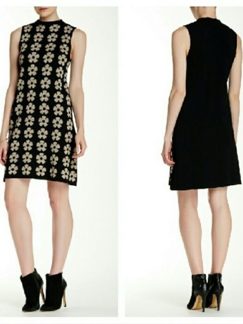 eci New York Black Gold Daisy Knit A-Line Mock Neck Sleeveless Mini Dress sz XS